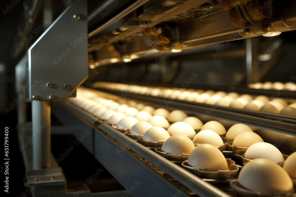 poultry farm production of chicken eggs, eggs are on the conveyor