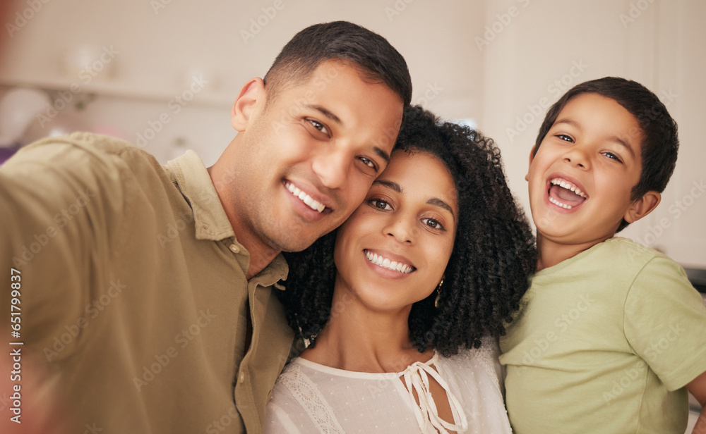 Happy family, love and selfie in a living room with hug, care and fun in their home together. Portrait, bond and excited boy chid with mother, father and smile for profile picture, memory or photo