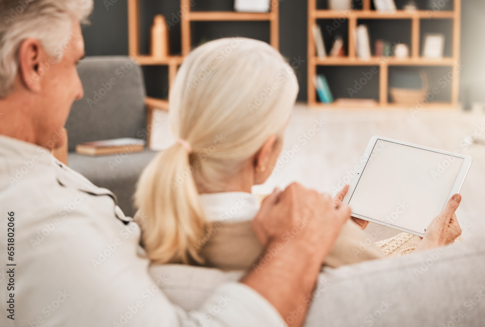 Home, relax and senior couple on a couch, tablet and love with mockup space, website info and search internet. Romance, elderly woman and old man on a sofa, technology and social media with marriage