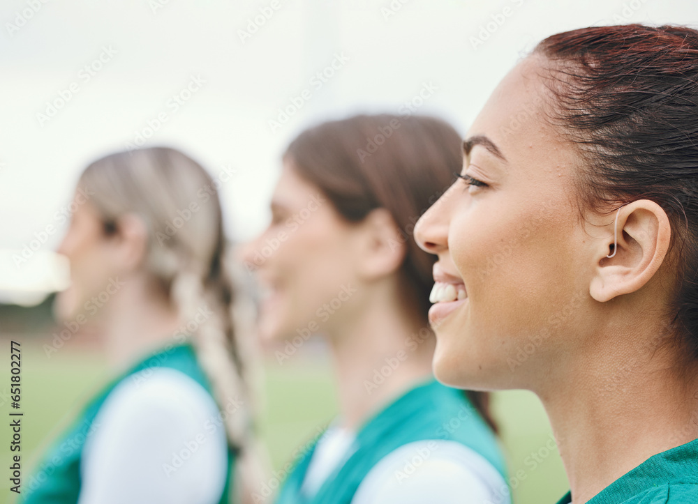 Smile, women and teamwork with sports, field and fitness with competition, match and training. Outdoor, group and players with happiness, workout and cooperation with exercise, wellness and health