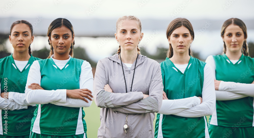 Portrait, coach and women with arms crossed, teamwork and workout with competition, exercise and sports. Face, group and healthy people with support, cooperation and training with wellness and game