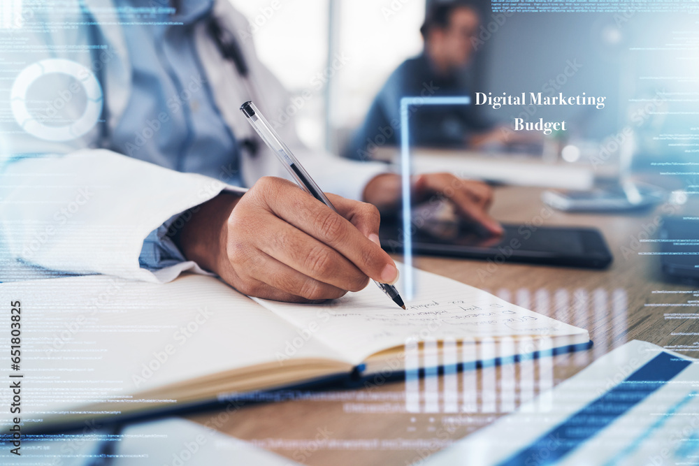 Tablet, hands and doctor writing in notebook, research and digital marketing budget overlay. Tech, book and medical professional closeup for information, healthcare data and analysis of statistics