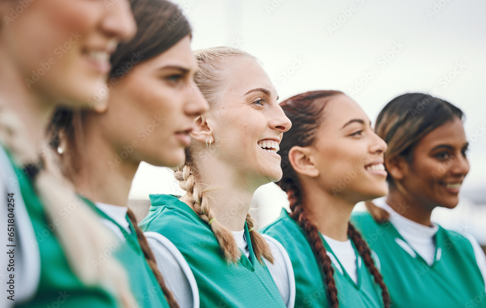 Women, fitness team and huddle smile with sport field with mockup space outdoor. Community, solidarity and workout together with friends and training for exercise and game with support and unity