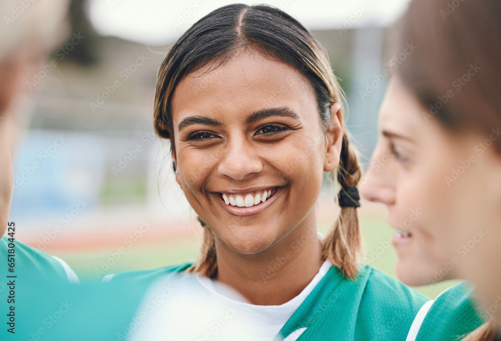 Happy, woman and team talking in sports, game or conversation in circle and match advice on soccer field. Football player, group and support in exercise, workout or training together on grass