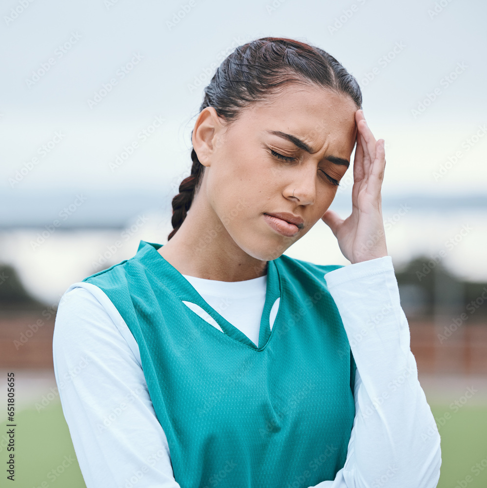 Sports, headache or face of girl on hockey field for fitness, exercise game or workout emergency. Tired woman, stress anxiety or sick athlete with migraine, injury or head pain frustrated by training