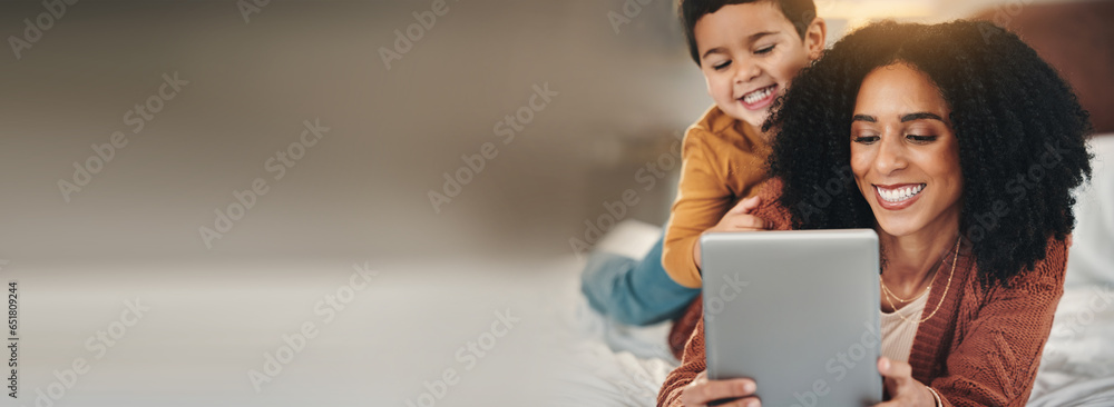 Love, tablet or mother with child on a bed with mockup, social media or streaming subscription at home. Digital, space and mom with kid son in a bedroom happy, relax and online for movies or games