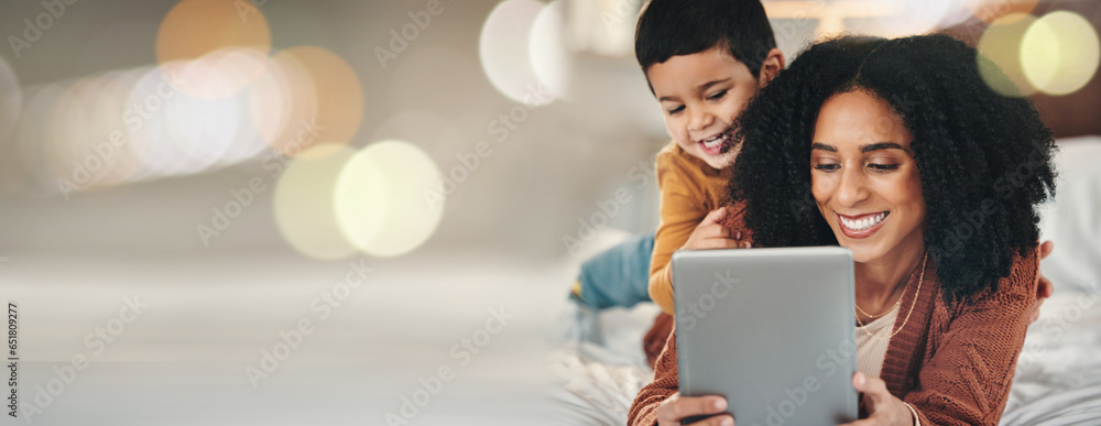 Bokeh, tablet or mother with child on a bed with mockup, social media or streaming subscription at home. Digital, space and mom with kid son in a bedroom happy, relax and online for movies or games