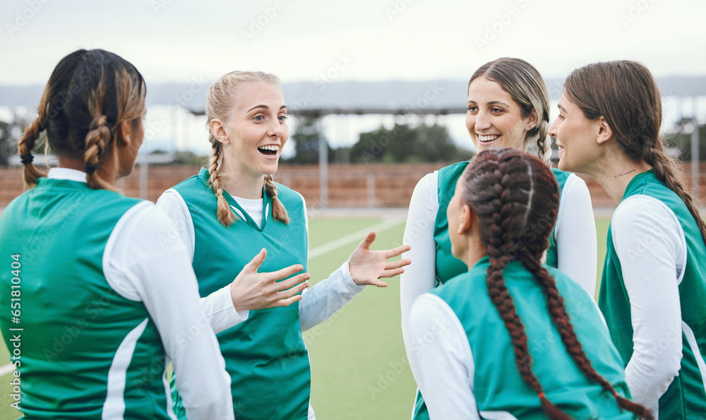 Sports, hockey team and women talking outdoor at field together for competition training. Fitness, happy group of girls and collaboration for workout, exercise for healthy body and planning strategy