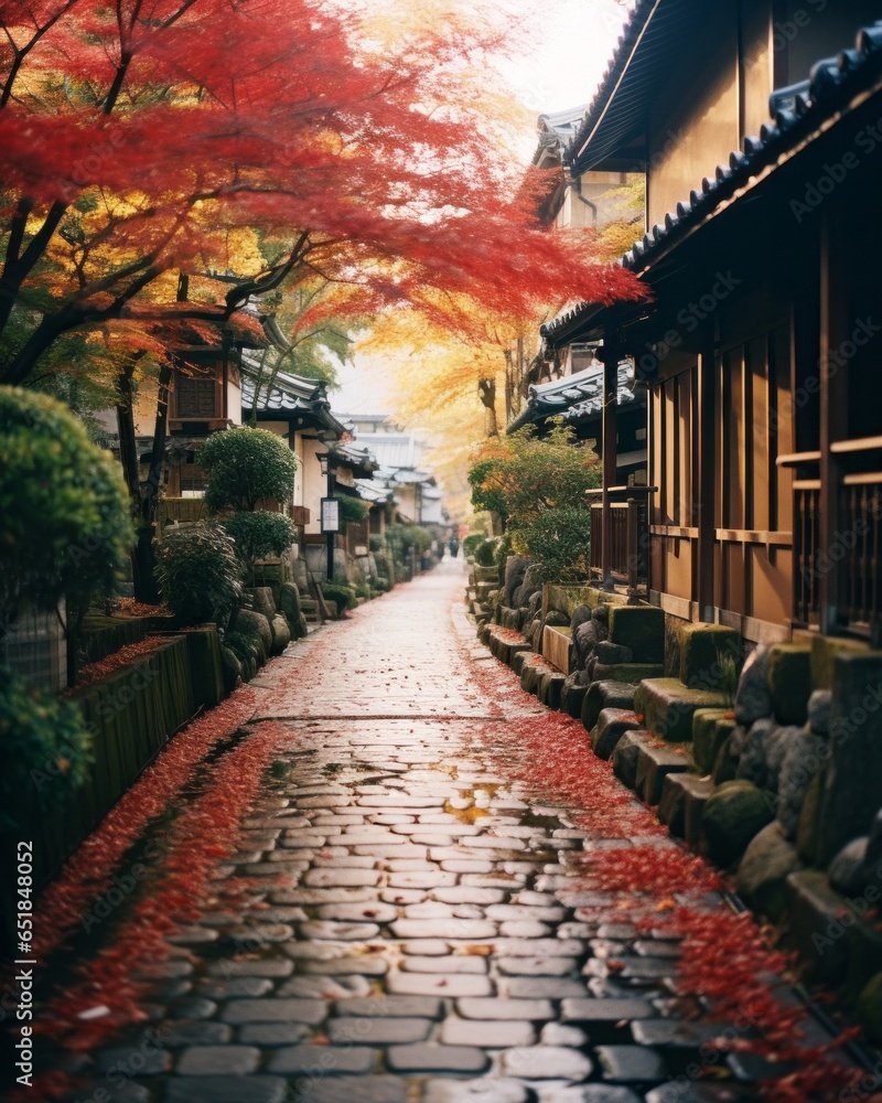 In the beautiful autumn season, a Kyoto Japan Japanese house by the lake reflects off the still water, surrounded by a stunning array of trees and plants that create a peaceful garden-like atmosphere.