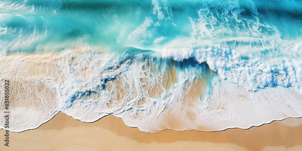 Top view oncoast with ocean waves. Blue water background. Summer seascape from air. Generative AI