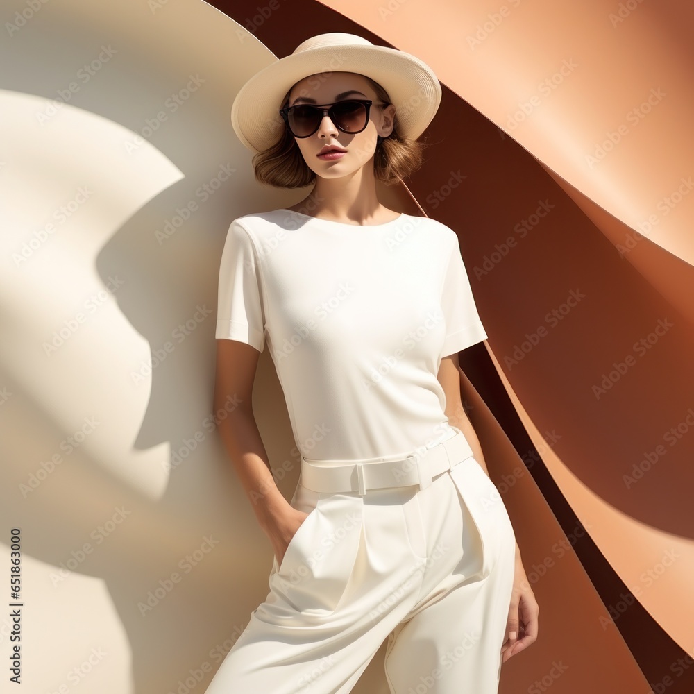 Minimalist fashion background with girl in white wear