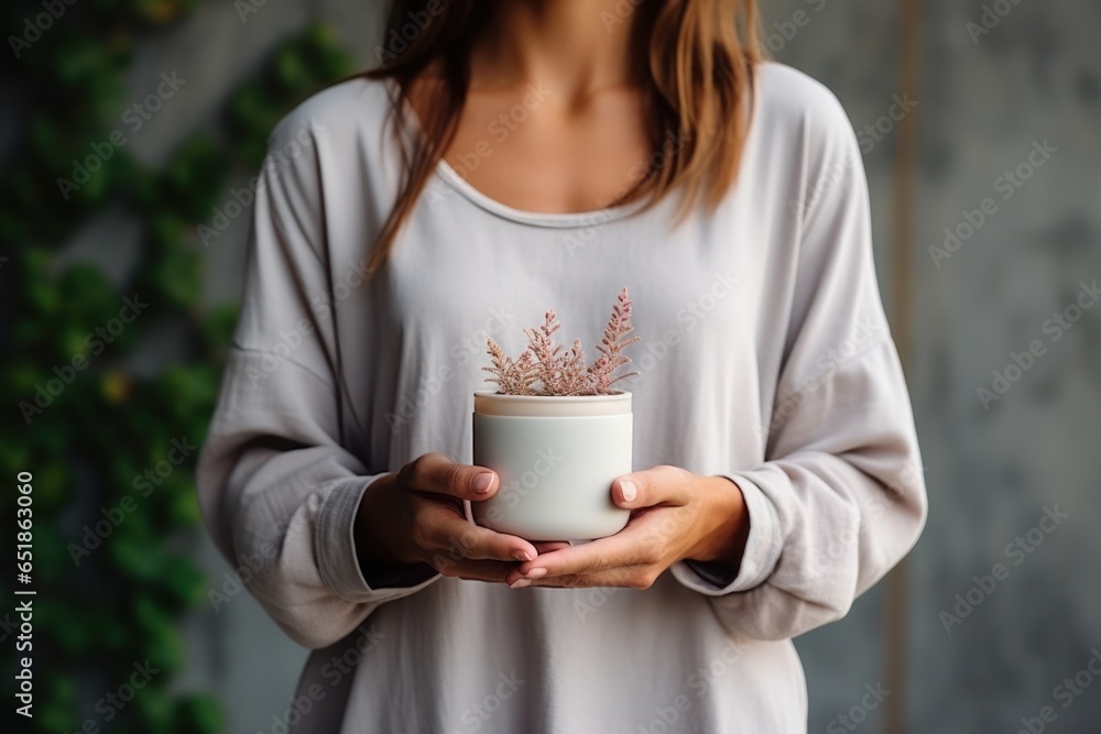 Hold a white skin cream jar in the hands of a female