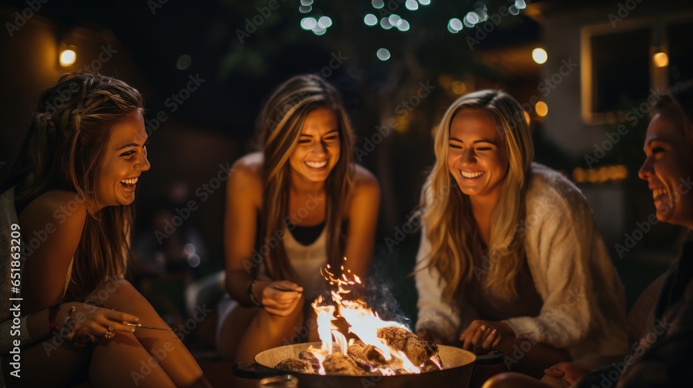 Friends roasting marshmallows by fire pit