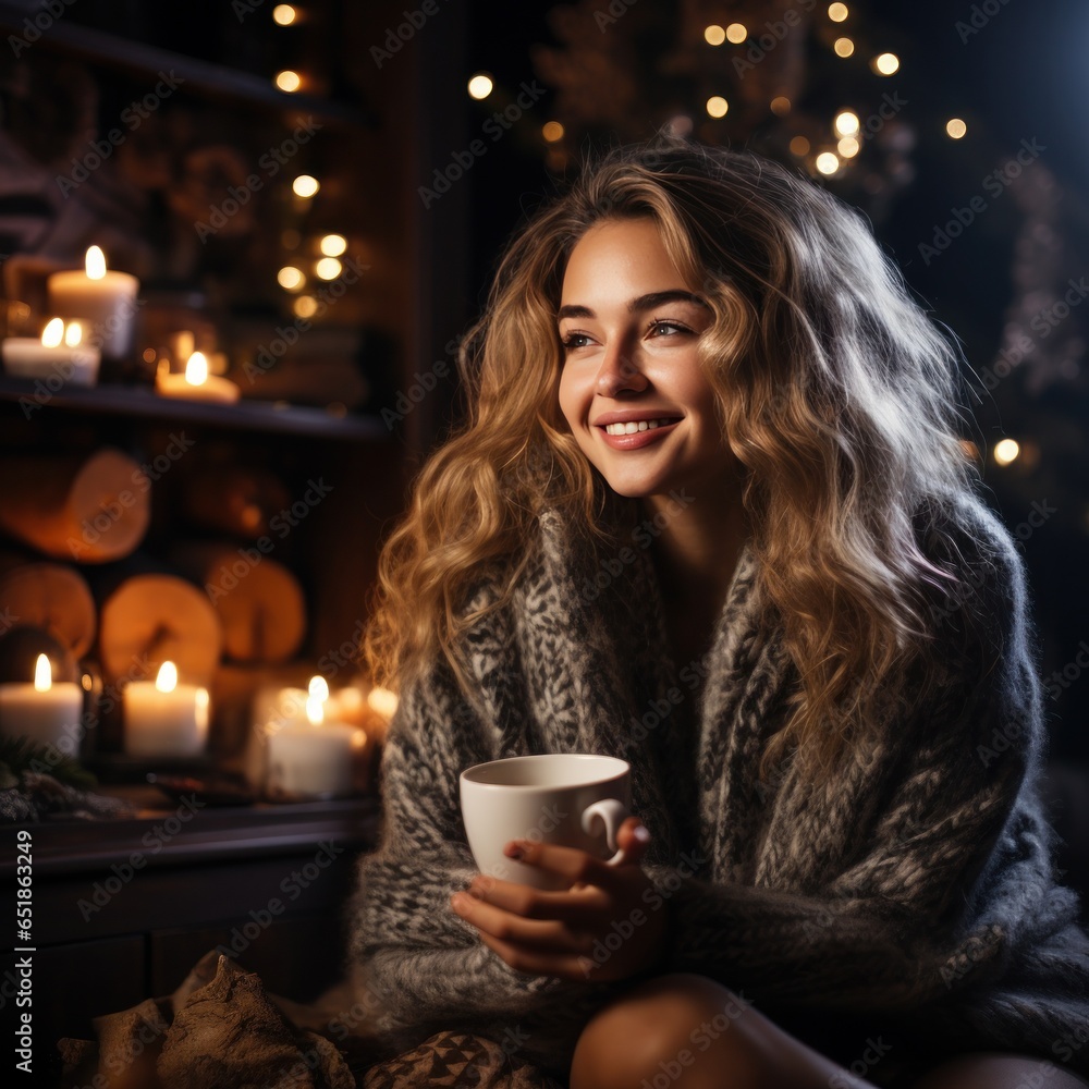 Woman drinks hot coffee near the fireplace in Christmas decorated room