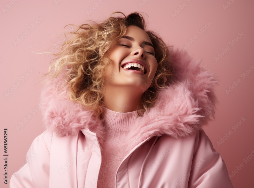 Beautiful woman in winter coat laughing