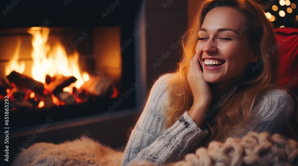 Woman drinks hot coffee near the fireplace in Christmas decorated room