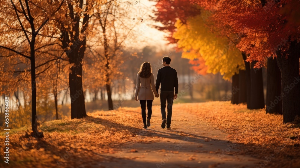 Couple walking in park with fall foliage