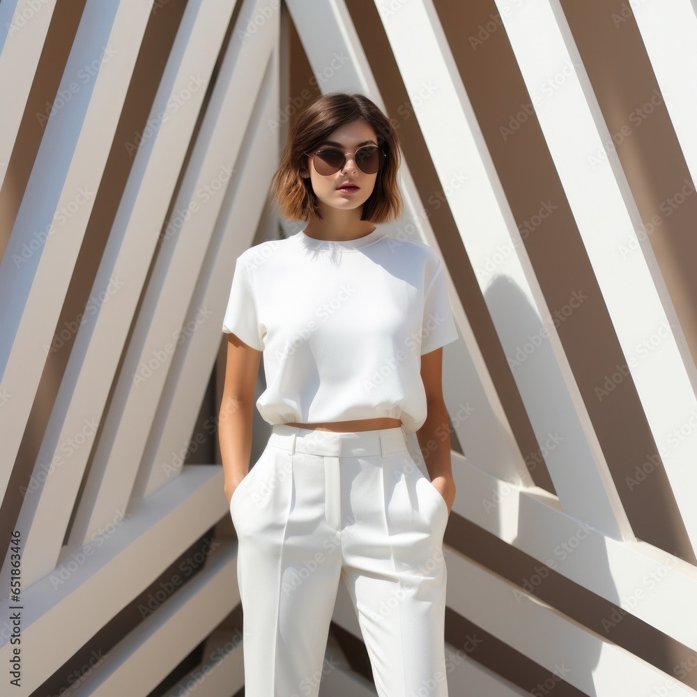 Minimalist fashion background with girl in white wear