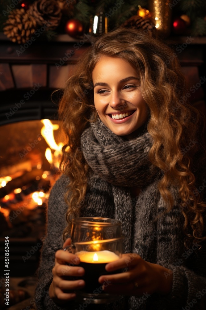 Woman drinks hot coffee near the fireplace in Christmas decorated room