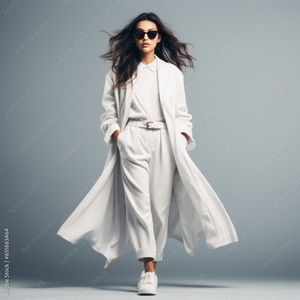 Minimalist fashion background with girl in white wear