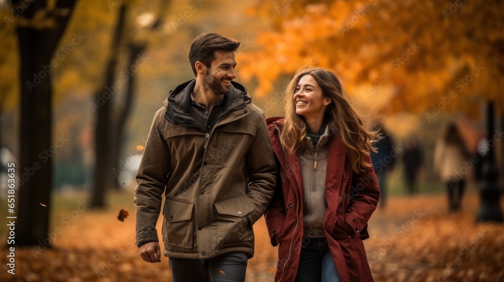 Couple walking in park with fall foliage