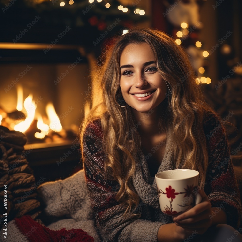 Woman drinks hot coffee near the fireplace in Christmas decorated room