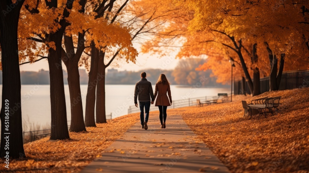 Couple walking in park with fall foliage