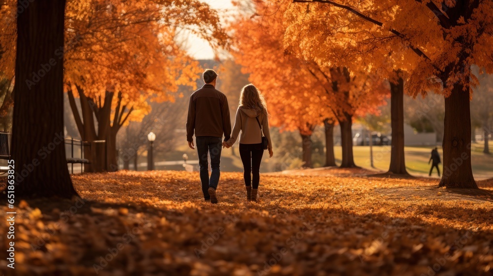 Couple walking in park with fall foliage