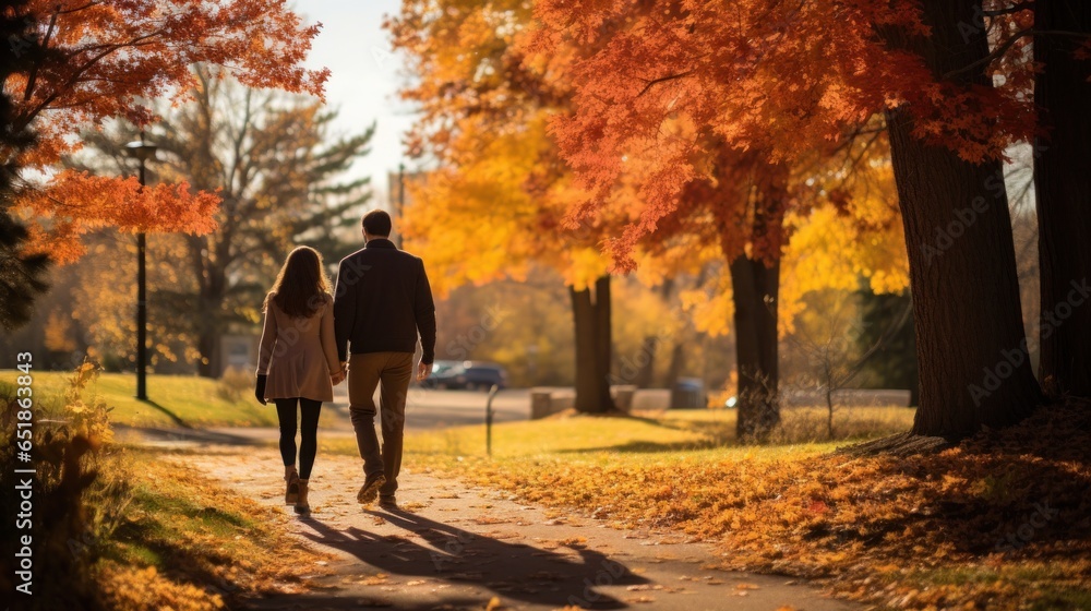 Couple walking in park with fall foliage