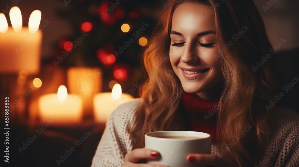 Woman drinks hot coffee near the fireplace in Christmas decorated room