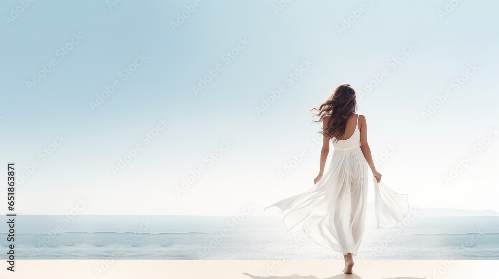 Minimalist seaside background with girl in fashion white wear