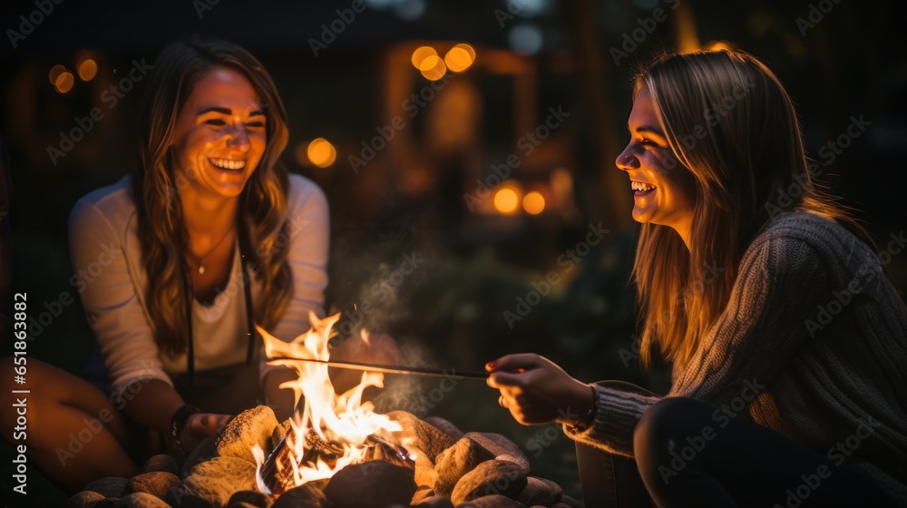 Friends roasting marshmallows by fire pit