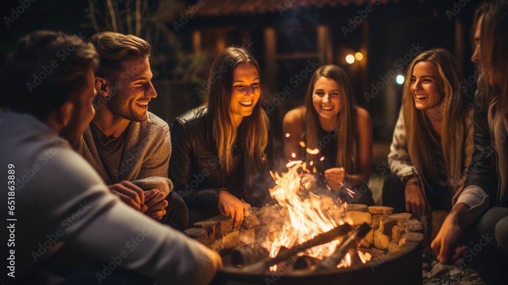 Friends roasting marshmallows by fire pit