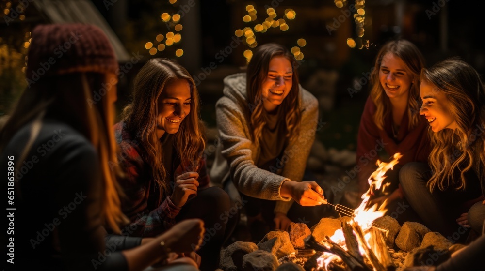 Friends roasting marshmallows by fire pit