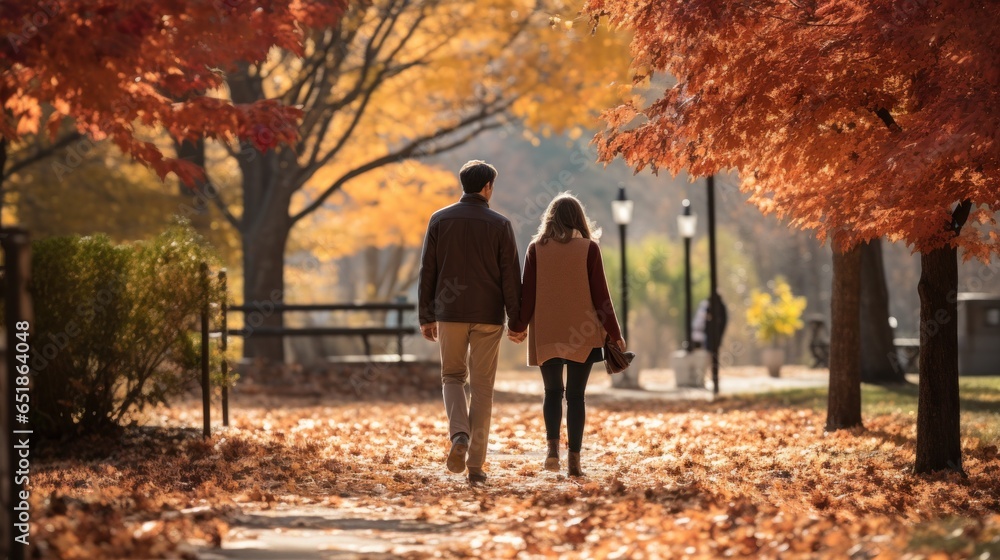 Couple walking in park with fall foliage