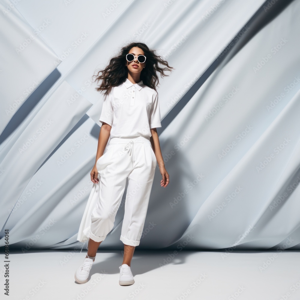 Minimalist fashion background with girl in white wear