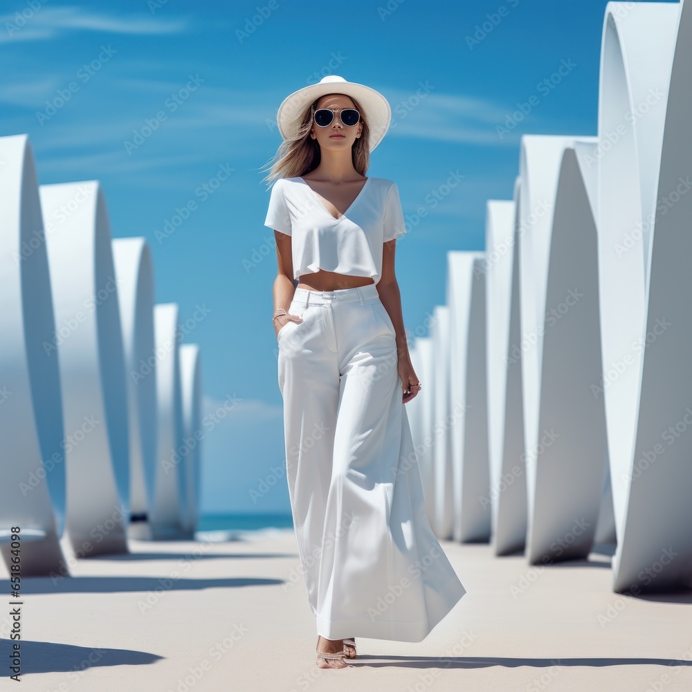 Minimalist seaside background with girl in fashion white wear