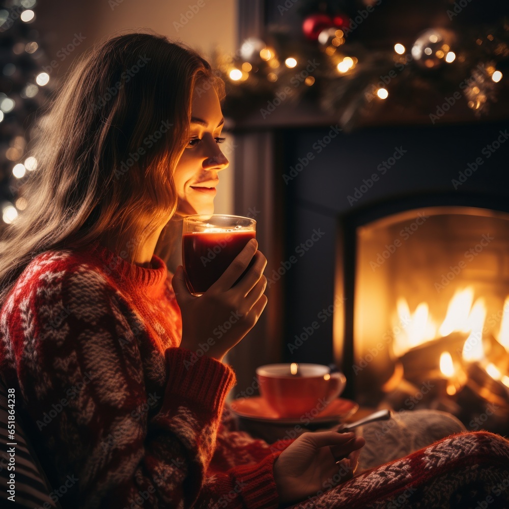 Woman drinks hot coffee near the fireplace in Christmas decorated room