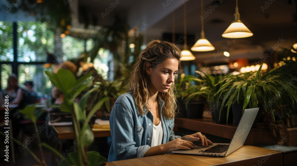 Productivity: Woman typing on laptop in coffee shop