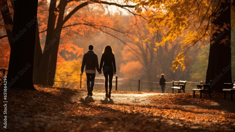 Couple walking in park with fall foliage