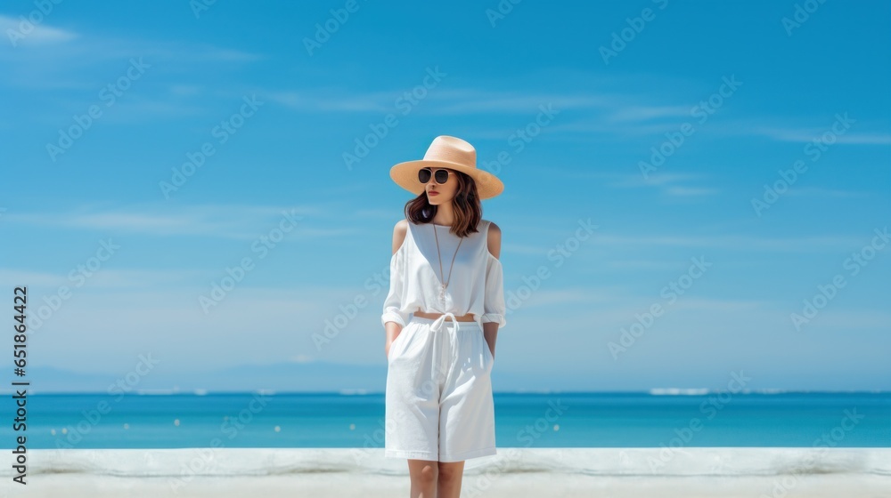 Minimalist seaside background with girl in fashion white wear