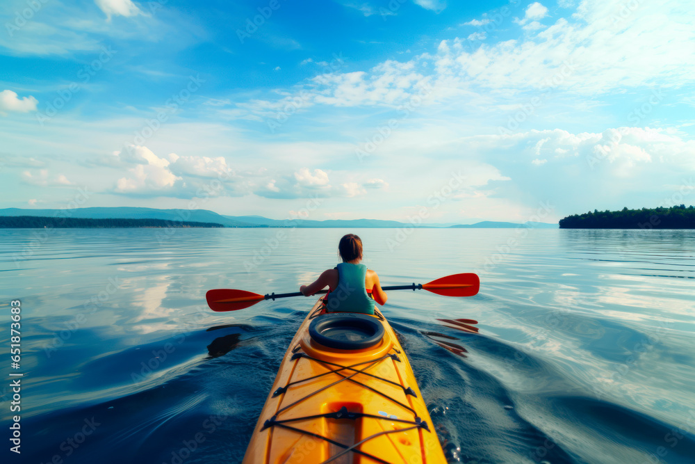 Young woman kayaking on the lake at sunset. Sport and active life concept