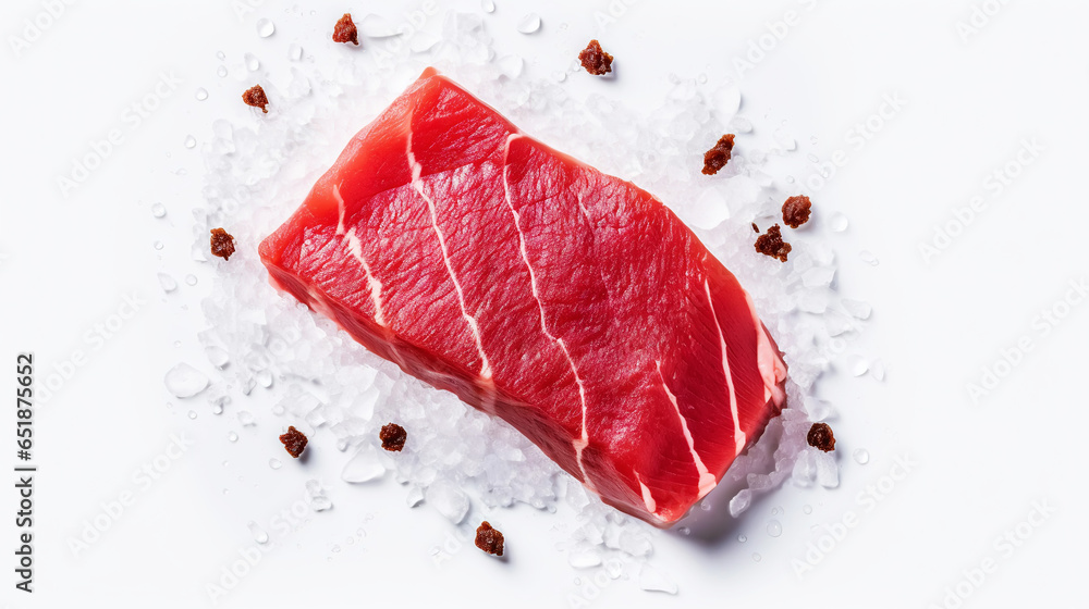 Slices of tuna fish on the ice cubes. Fresh fish fillet. Seafood background. Generative AI