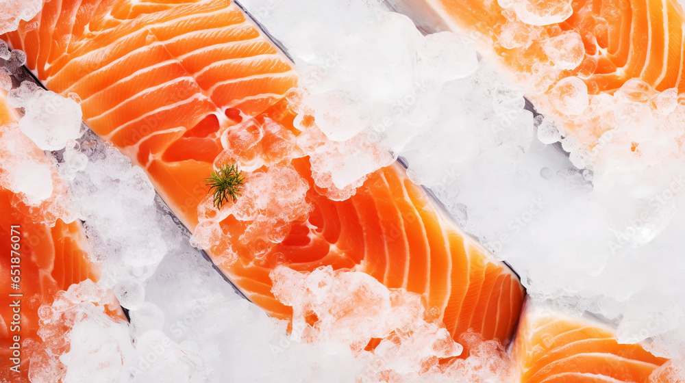 Fresh salmon fillet on ice. Red tasty fish meat. Seafood background. Generative AI