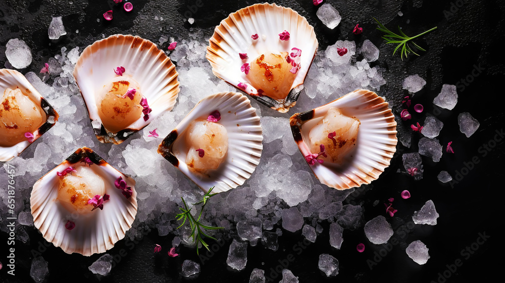 Raw fresh scallops on ice cubes. Seafood background. Generative AI