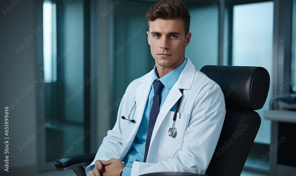 Young doctor sitting in modern medical office interior.