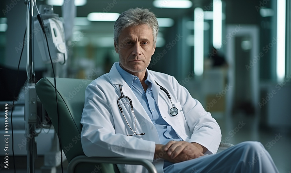 Doctor sitting in modern medical office interior room