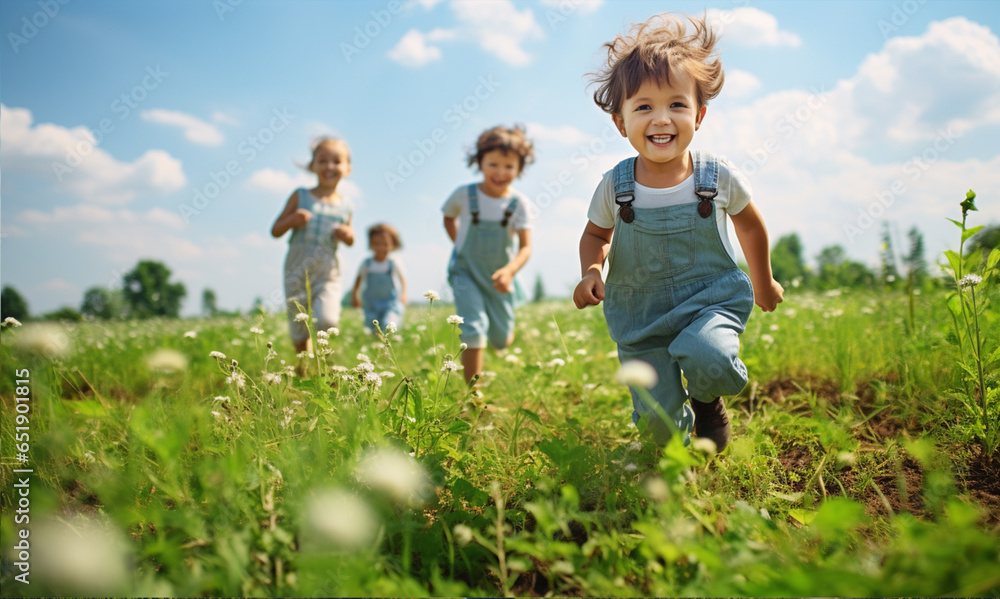 Group of happy little kids running on green summer field with Blue sky background.