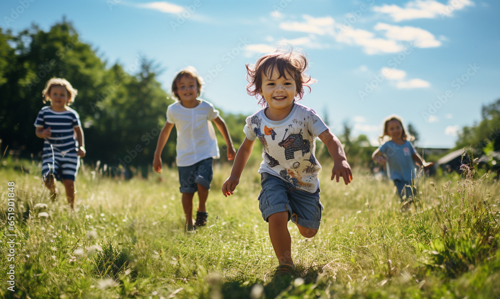 Group of happy little kids running on green summer field with Blue sky background.