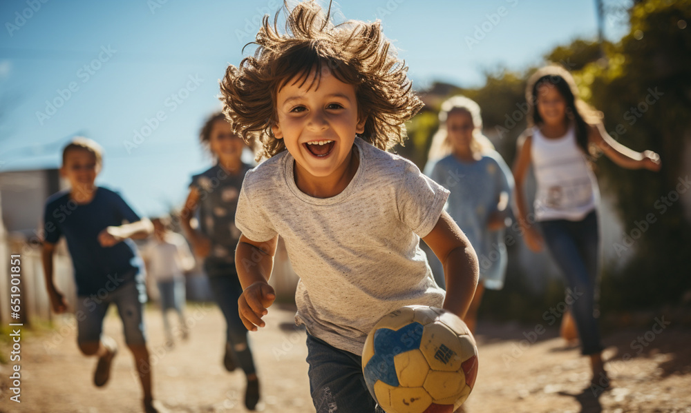 Cheerful kids playing football in the village.